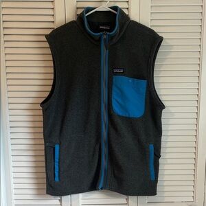 Patagonia Charcoal Synchilla Fleece Vest with Bright Blue Accents